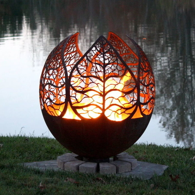 فصل الخريف ، غروب الشمس ، ورقة ، تجوية ، كرة فولاذية ، حفرة النار مع علبة الرماد